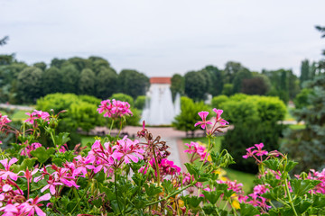 Loznica, Serbia - July 13, 2019: Medical wellness center Banja Koviljaca, Serbia. Beautiful fountain in center of Banja Koviljaca.