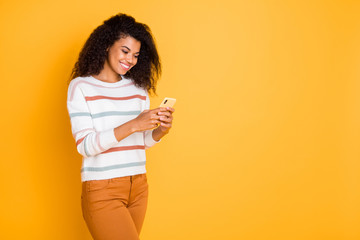 Portrait of her she nice attractive lovely cheerful wavy-haired girl using digital device sharing...