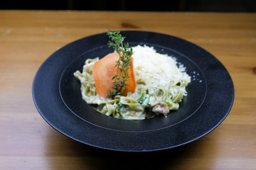 Pasta dish on a restaurant table