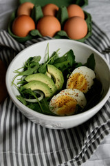 flat lay breakfast. Wholesome food, beautiful serving. Eggs, avocados and greens.