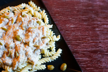Pasta dish on a restaurant table