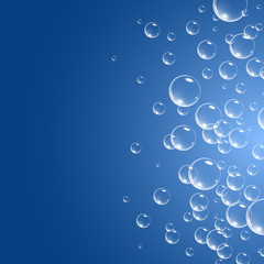 Soap bubbles background, vector illustration. Set of clean water, soap, gas or air bubbles with reflection on blue gradient background. Realistic underwater.