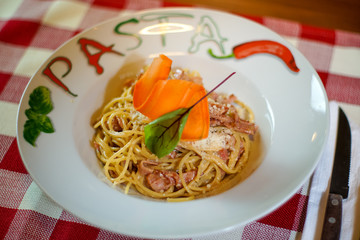 Pasta dish on a restaurant table