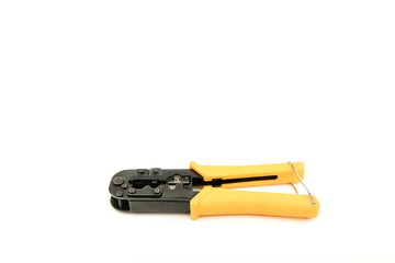 twisted pair crimping tool on white background with copy space