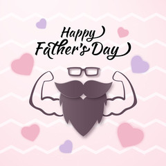 Vector Cool Happy Fathers Day banner with Muscular Man, Papercut Pink Heart. Man Glasses, Mustache, Beard Layered Paper art flat style. Father gift on your blog, web.