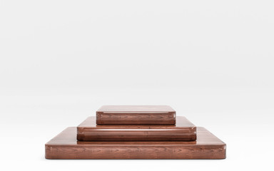 Minimalistic glossy wooden showcase with steps and empty space in modern futuristic style on white background 3d illustration render