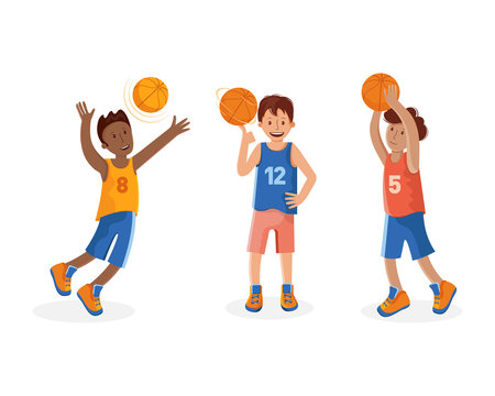 Set of boys basketball player with ball. A small child playing basketball. Colorful cartoon illustration in flat vector. Children s sport. Sports team games.