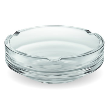 Glass Ashtray. Empty Transparent Bowl For Cigarette Tobacco Ash. Smoker Trash Tray Illustration Closeup, Isolated On White Background