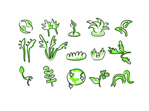 Leaf plant logo, nature ecology green leaves and welness people. Hand drawing. Beauty spa, simple symbol icon set of vector design