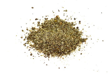 Ground hemp seed isolated on white background. Hemp seeds, a plant based source of omega-3 fatty acids.