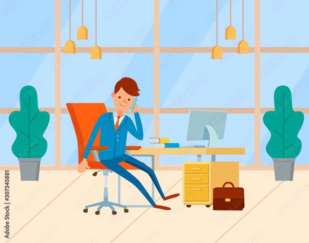 Poster businessman talking on phone, monitor of computer and notebook on desktop. business consultation in 