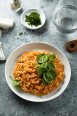 Homemade tomato risotto with fresh spinach