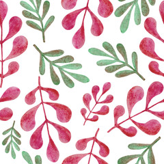 Seamless pattern of green and pink hand-drawn leaves