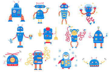 Color image of cute blue cartoon robots. Monochrome vector set for kids