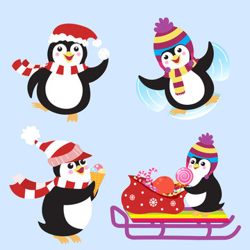 Funny Christmas penguins with winter hats set. Cartoon vector images.