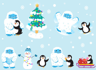 Cute snow yeti and his friend penguin celebrating Christmas and New Year vector set. Isolated on light background