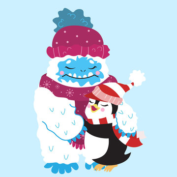 Cute snow yeti and penguin hug vector image. Isolated on light background