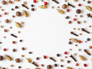 Creative decorative food composition frame of various spices on white background.