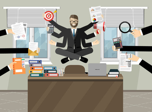 Business man meditating in lotus pose over table in office room. Business man surrounded by hands with office things. Multitasking and time management concept. Vector flat design illustration.