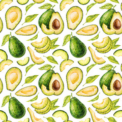 Watercolor Avocado. Watercolor hand drawn botanical illustration. Vegetarian fruit. Half avocado. Slices of green avocado. Seamless pattern.