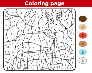 Number coloring page for preschoolers. Cute cartoon deer with scarf. Educational game for children.
