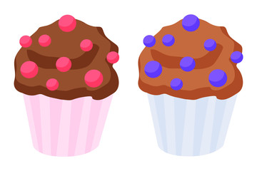 Two tasty cupcakes isolated on white. Cakes with pink and blue decoration. Baked dessert from natural ingredients. Chocolate muffins in cups. Vector illustration of closeup confection in flat style