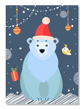 Polar white bear sitting alone among christmas decor. Xmas time, preparing for winter holiday. Arctic animal in festive red hat. Balls, garlands and present box. Vector illustration in flat style