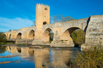 Fototapeta na wymiar Medieval Bridge, Ebro river, Frias village, Las Merindades, Burgos, Castilla y Leon, Spain, Europe