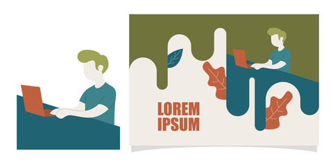 Minimalist vector flat character design on businessman working in office behind her desk with laptop. Man using laptop. Colorful vector illustration for website design or landing web page banner