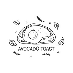 Contour food illustration of avocado toast. Hand drawn vector concept. Outline cartoon poster or card for healthy snack. Isolated lettering and elements on white background