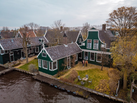 droen aerial view of windmill village Zaanse Schans Netherlands