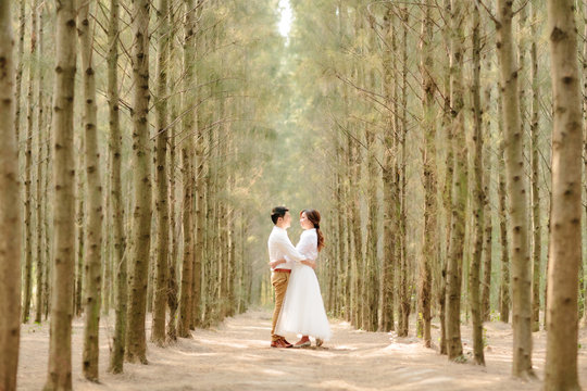 Young asian groom and bride posing and smiling for pre-wedding shot