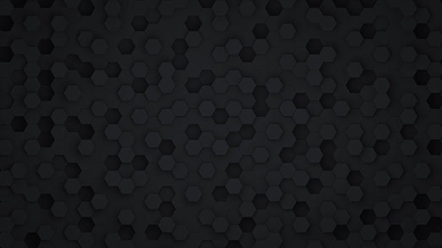 Black hexagon abstract background with futuristic pattern digital technology or honeycomb style. Dark geometry Backdrop. 3D Rendering.