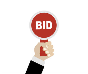 Hand holds paddle with BID inscriptions. Auction competition. Business bidding process. Buying things by offering price, trade. Vector illustration. Flat style design