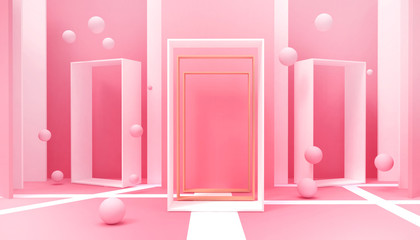 Door Red Happiness Concept of Minimal idea space room  creative and Geometric shapes Abstract Background and celebrations modern ideas on   Pink pastel background - 3d rendering