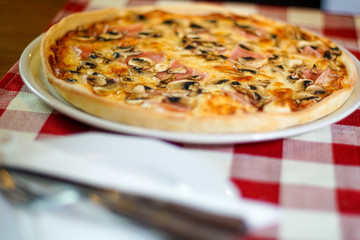 Pizza on a restaurant table