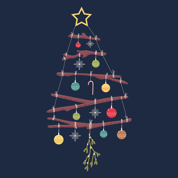 Christmas tree from twigs with balls and star on the top vector cartoon illustration isolated on background.