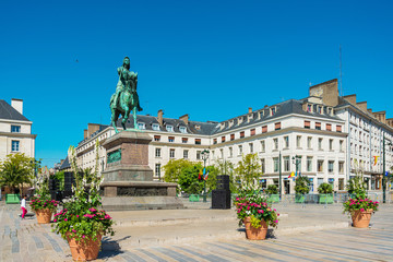 Fototapeta premium ORLEANS, FRANCE - May 8, 2018: statue Joan of Arc is an 1874 French gilded bronze equestrian sculpture of Orleans Cathedral in Orleans, France
