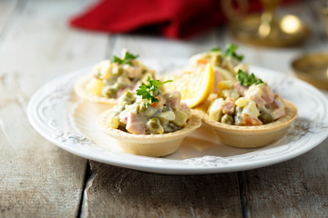 Traditional Russian salad served for a party