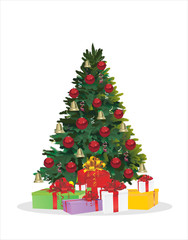 Christmas tree and holiday gifts. Fir-tree decorated with balls Vector illustration.