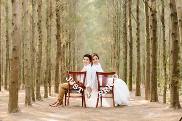 Fototapeta na wymiar Young asian groom and bride posing and smiling for pre-wedding shot