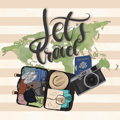 Let's Travel Pattern Suitcase Isolated On Background Camera Hand Drawn Passport Illustration World