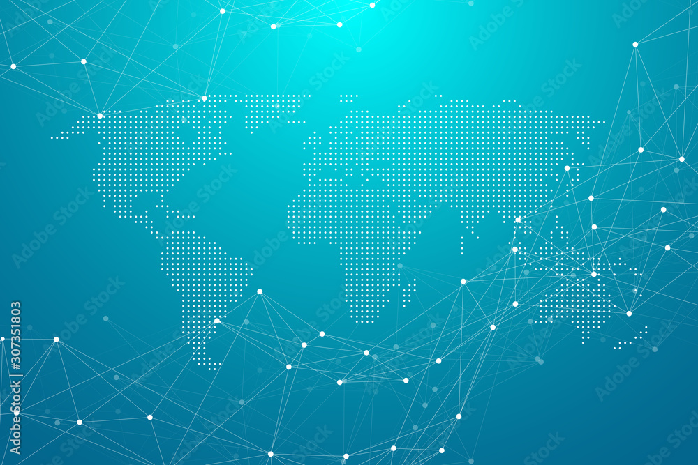 Leinwandbilder Abstract digital network connection structure on blue background. Artificial intelligence and engineering technology concept. Global network Big Data, Lines plexus, minimal array. Vector illustration.