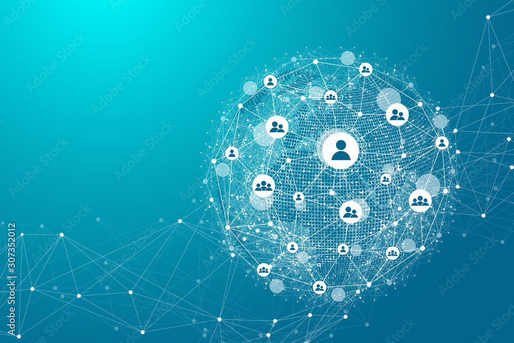 Fototapete Global network connection concept. Big data visualization. Social network communication in the global computer networks. Internet technology. Business. Science. Vector illustration