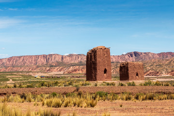 Huanuni, Bolivia. 10-19-2019. Towers used as tomb at Huanuni Cachu in Bolivia.