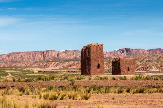 Huanuni, Bolivia. 10-19-2019. Towers used as tomb at Huanuni Cachu in Bolivia.