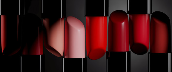 Beauty concept background. Closeup set of lipsticks in red, pink and coral colors. 3d rendering illustration. - obrazy, fototapety, plakaty