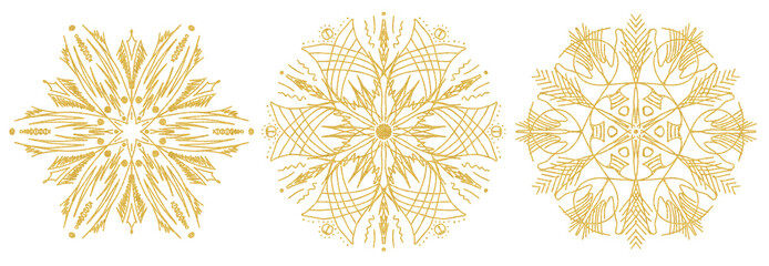 Set of snowflake sketch icon isolated on white background. Hand drawn mandala. Swirl gold icons for infographic, website, design or app.