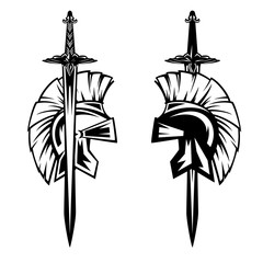 spartan warrior helmet and sword - ancient roman soldier black and white vector design set