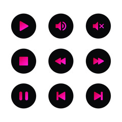 set of media player line vector icons. multimedia buttons in circle shape. flat style icons for web site and mobile app